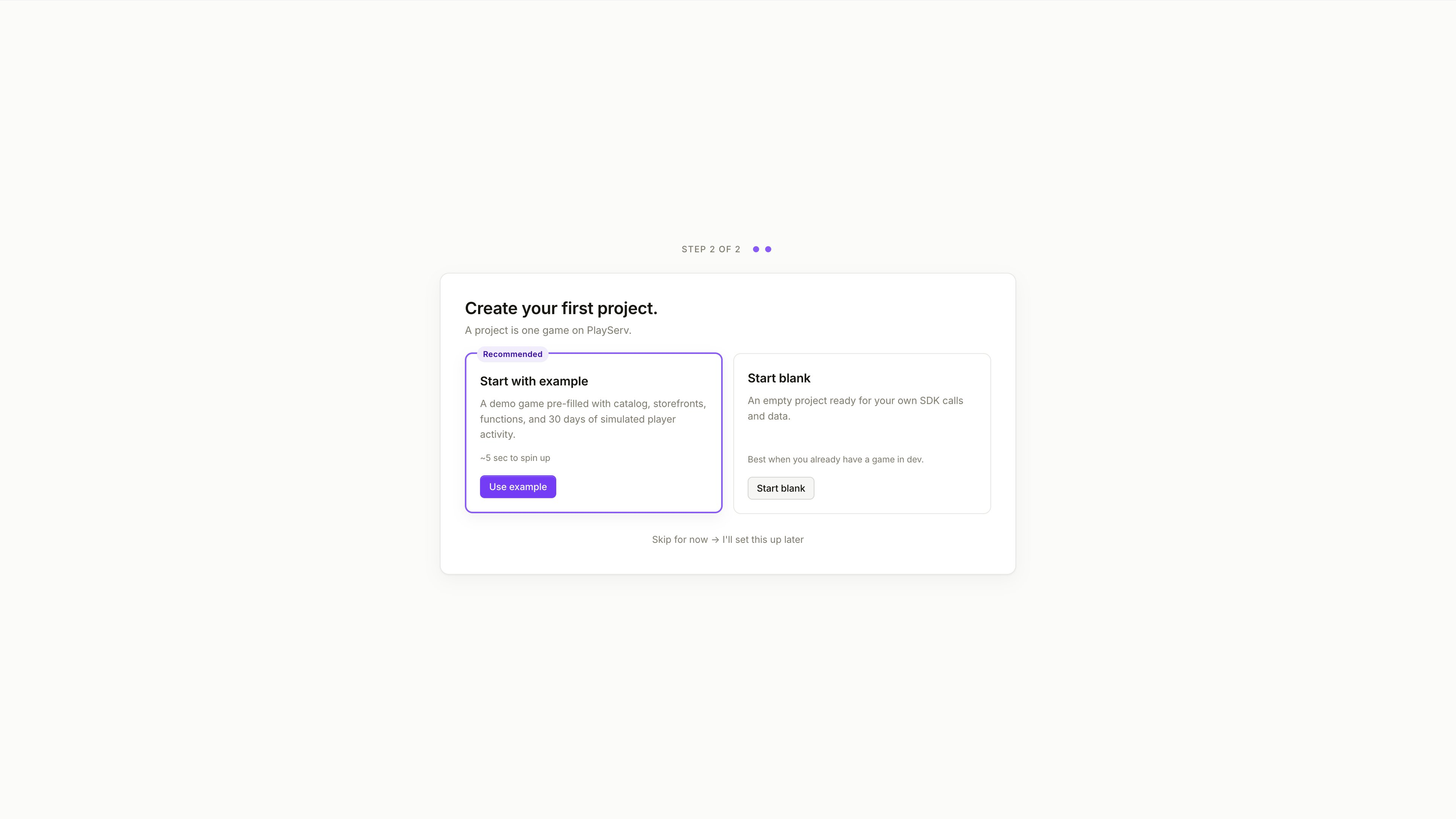 Project creation screen with Start with example and Start blank options