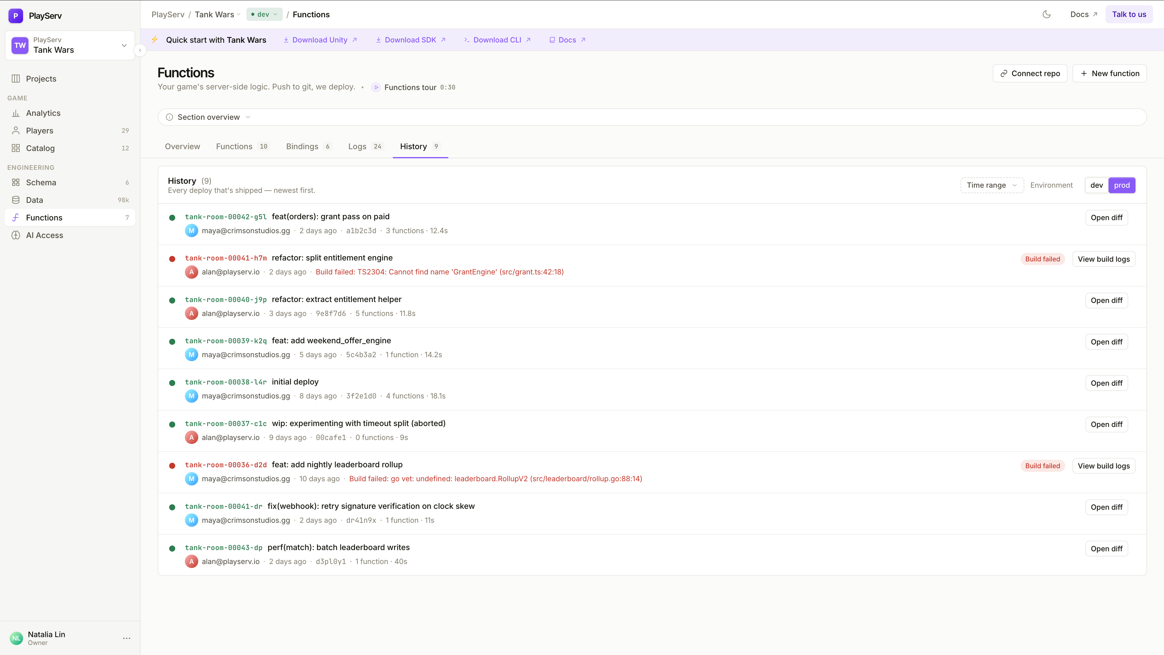 Function detail — Status tab with replicas and At a glance