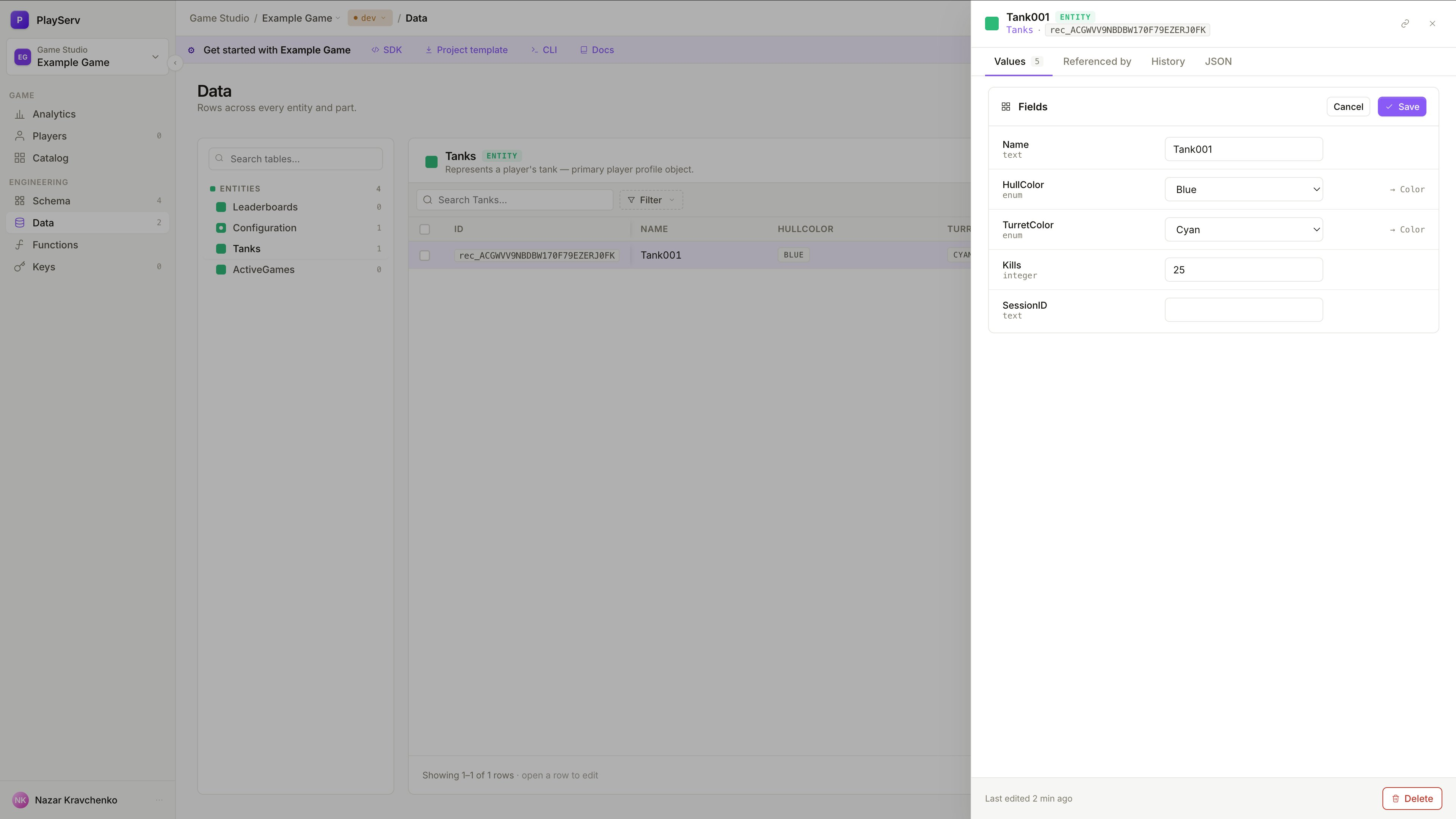 Record edit panel with Values, Referenced by, History, and JSON tabs