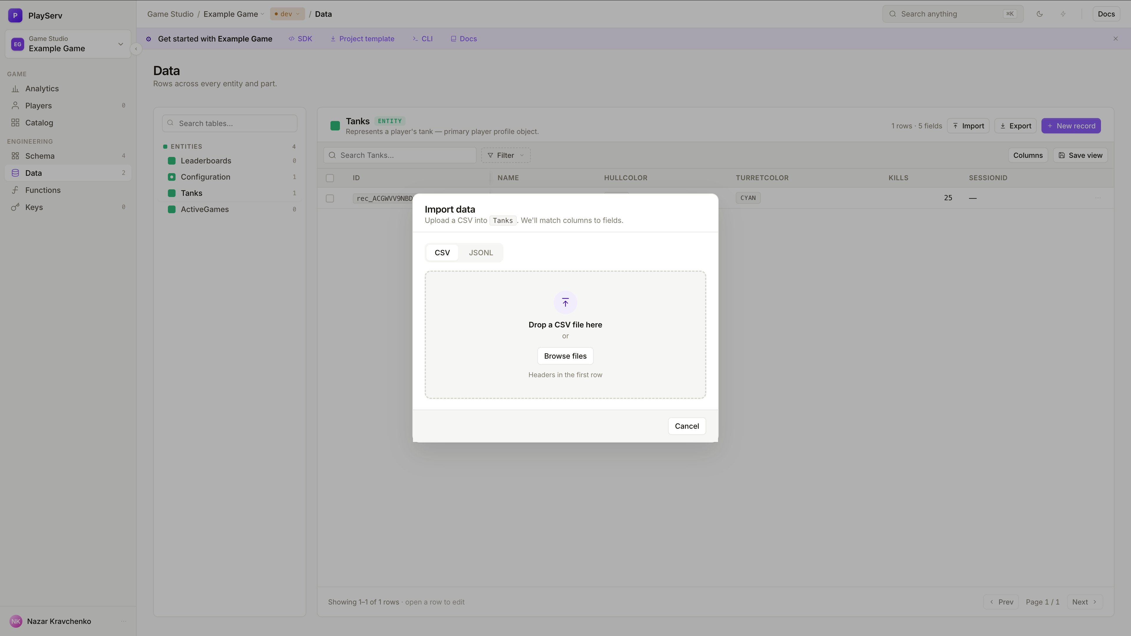 Import data dialog with CSV and JSONL tabs