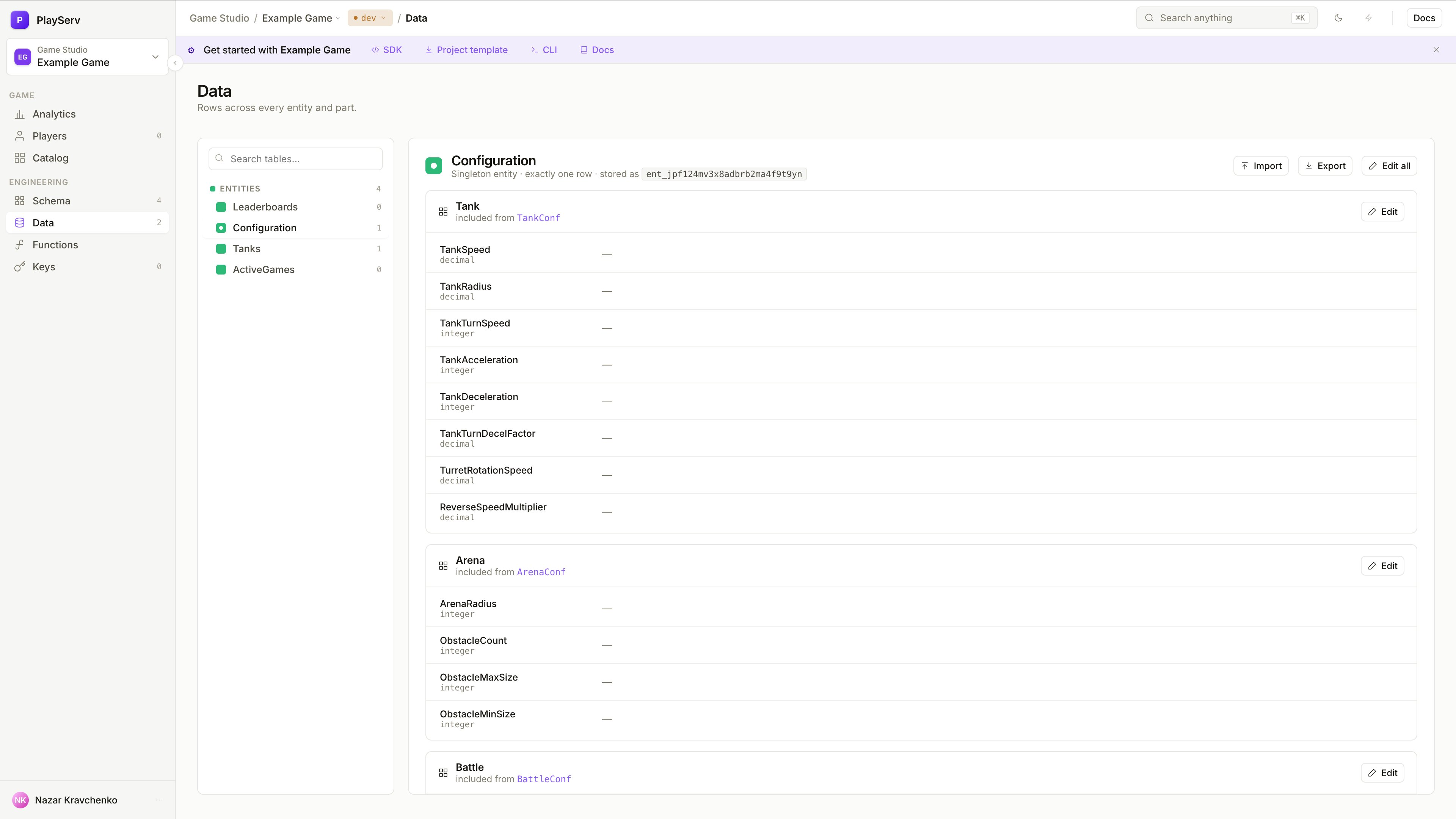Singleton entity in the Data view showing included parts as grouped sections