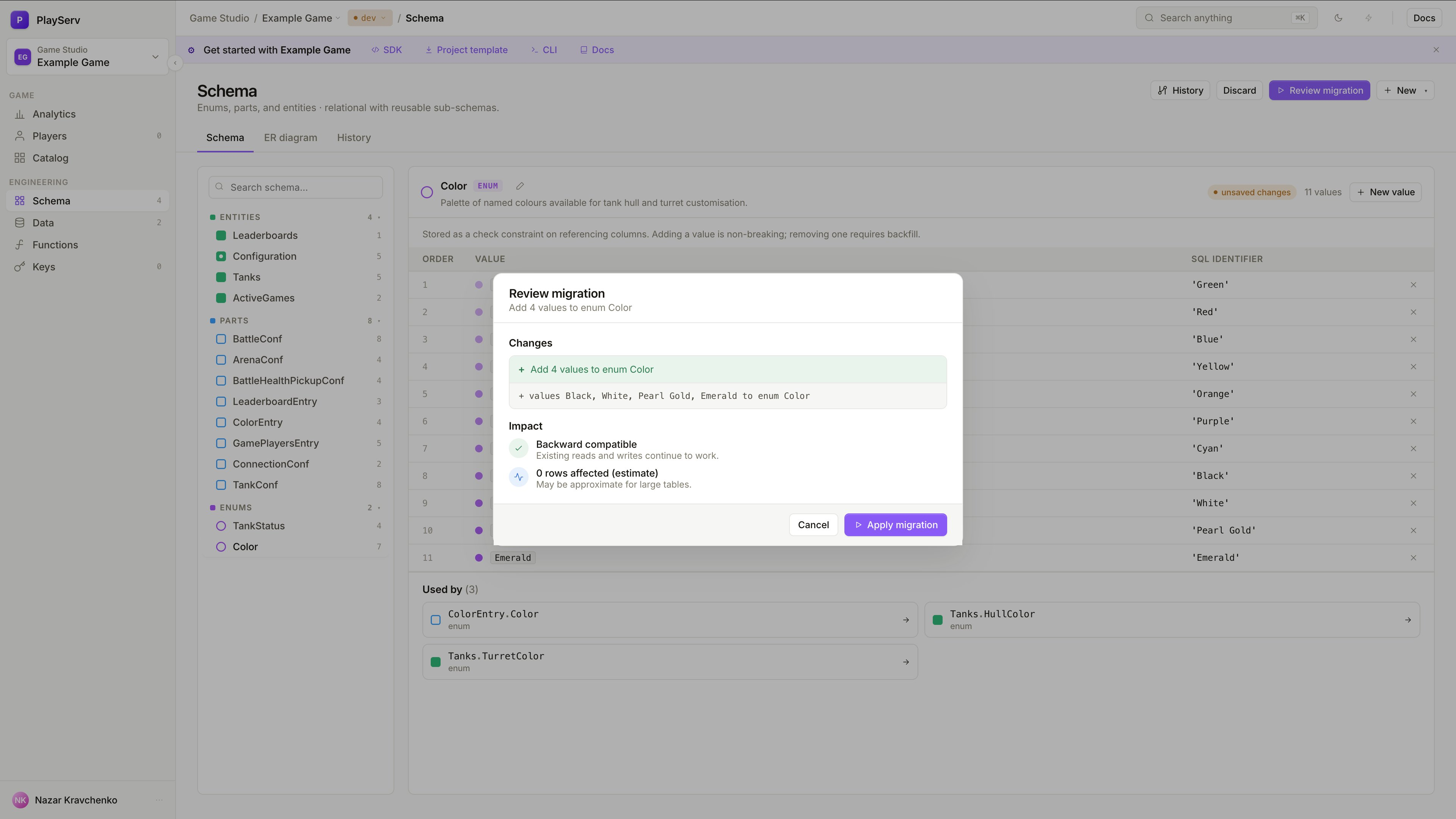 Review migration dialog showing Changes and Impact