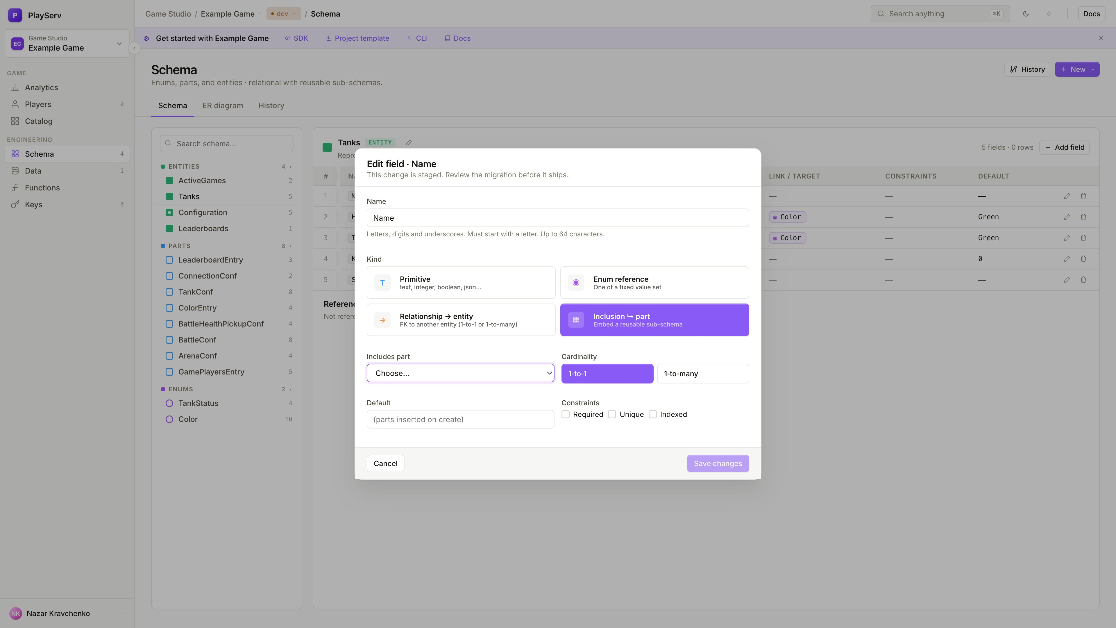 Inclusion field kind with part selector and cardinality
