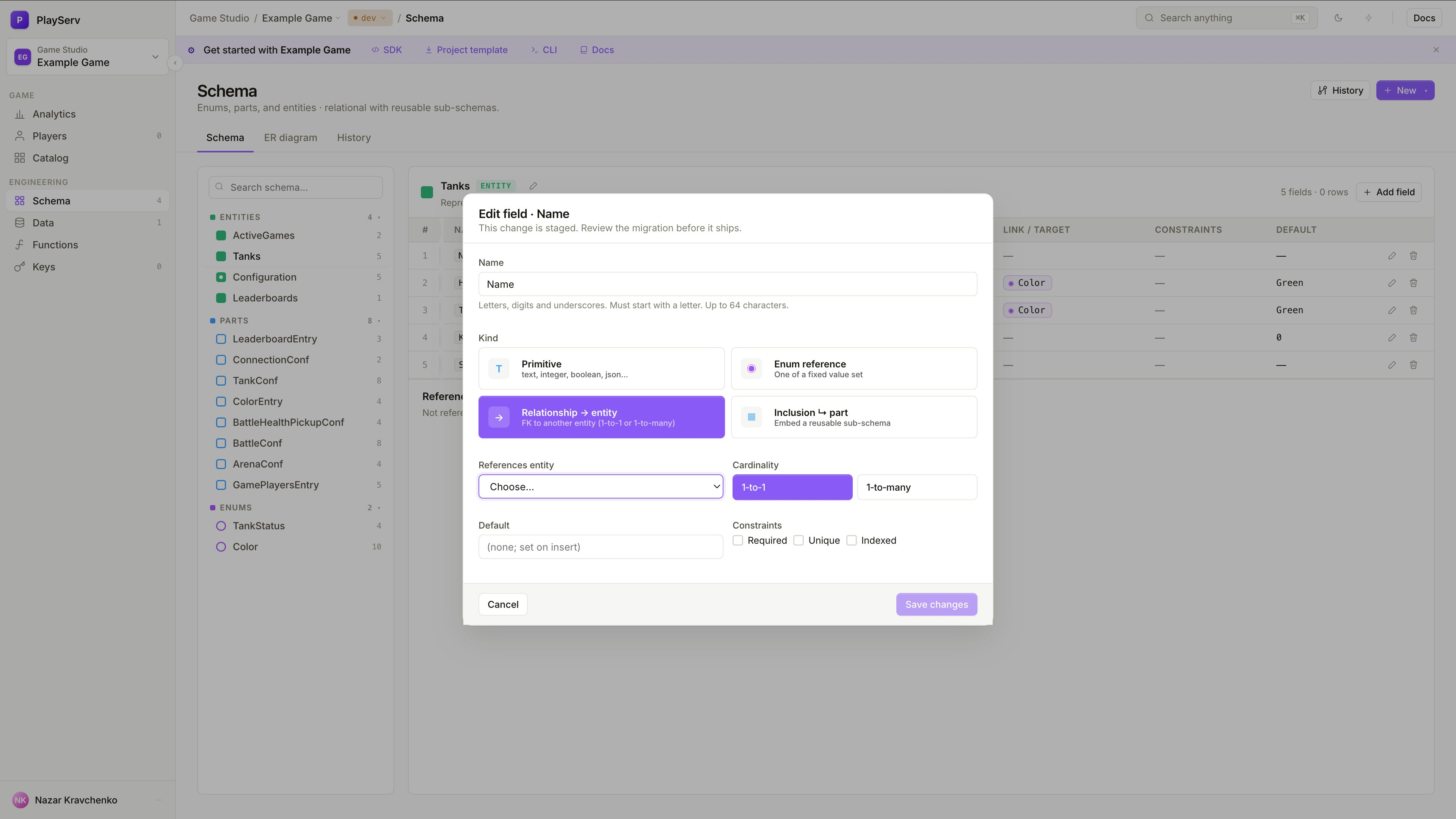 Relationship field kind with entity selector and cardinality
