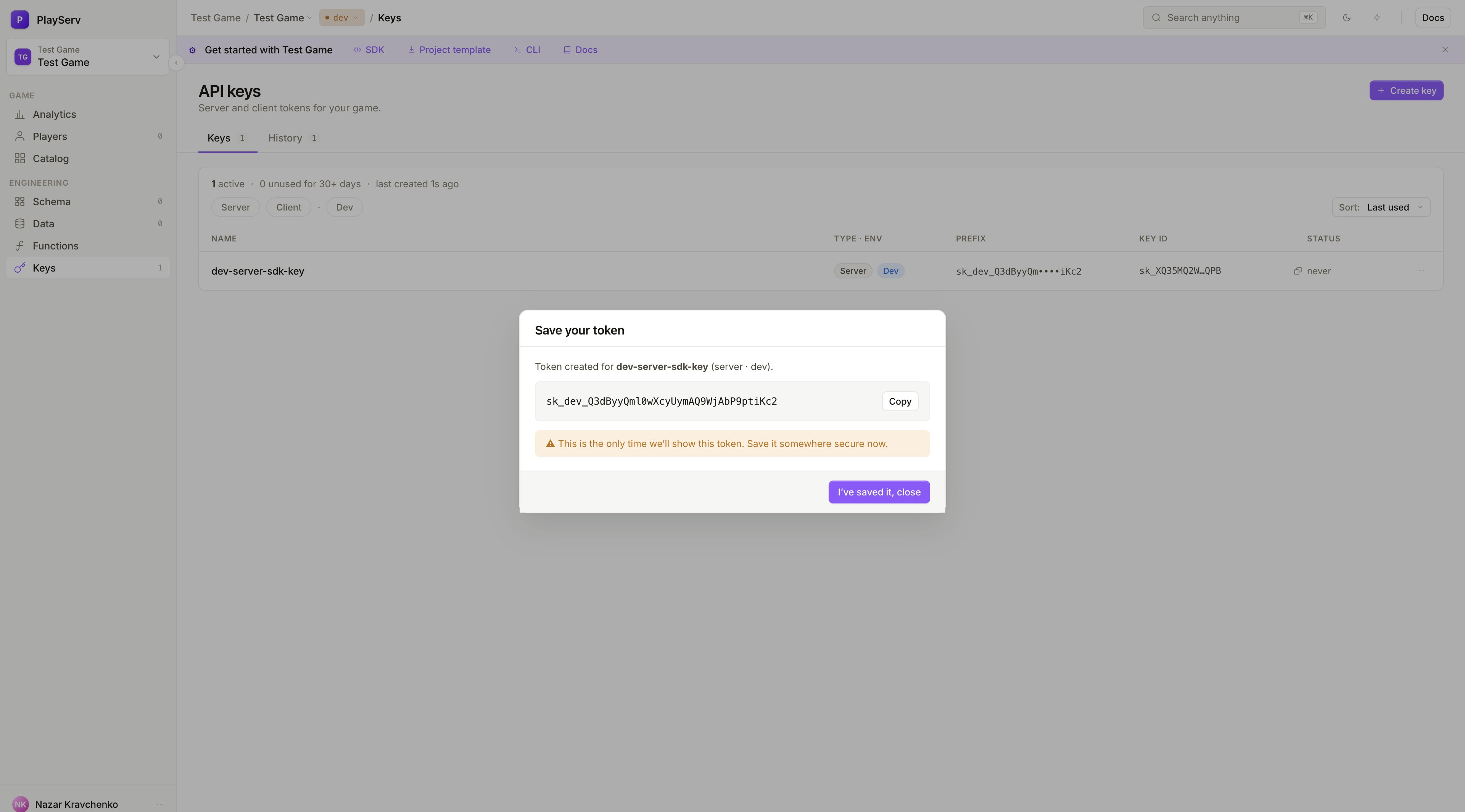 Save your token dialog