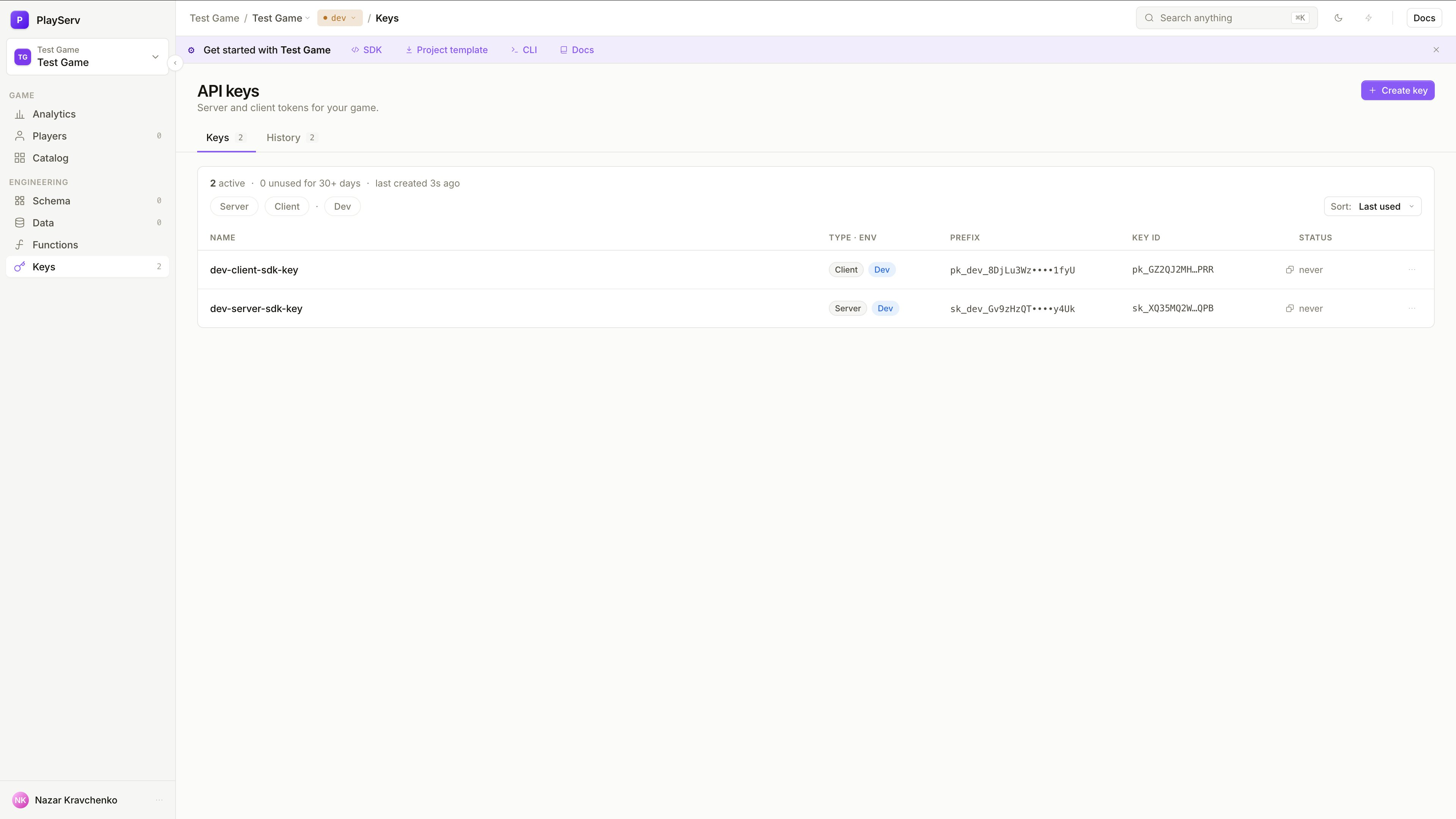 API keys list with Server and Client keys