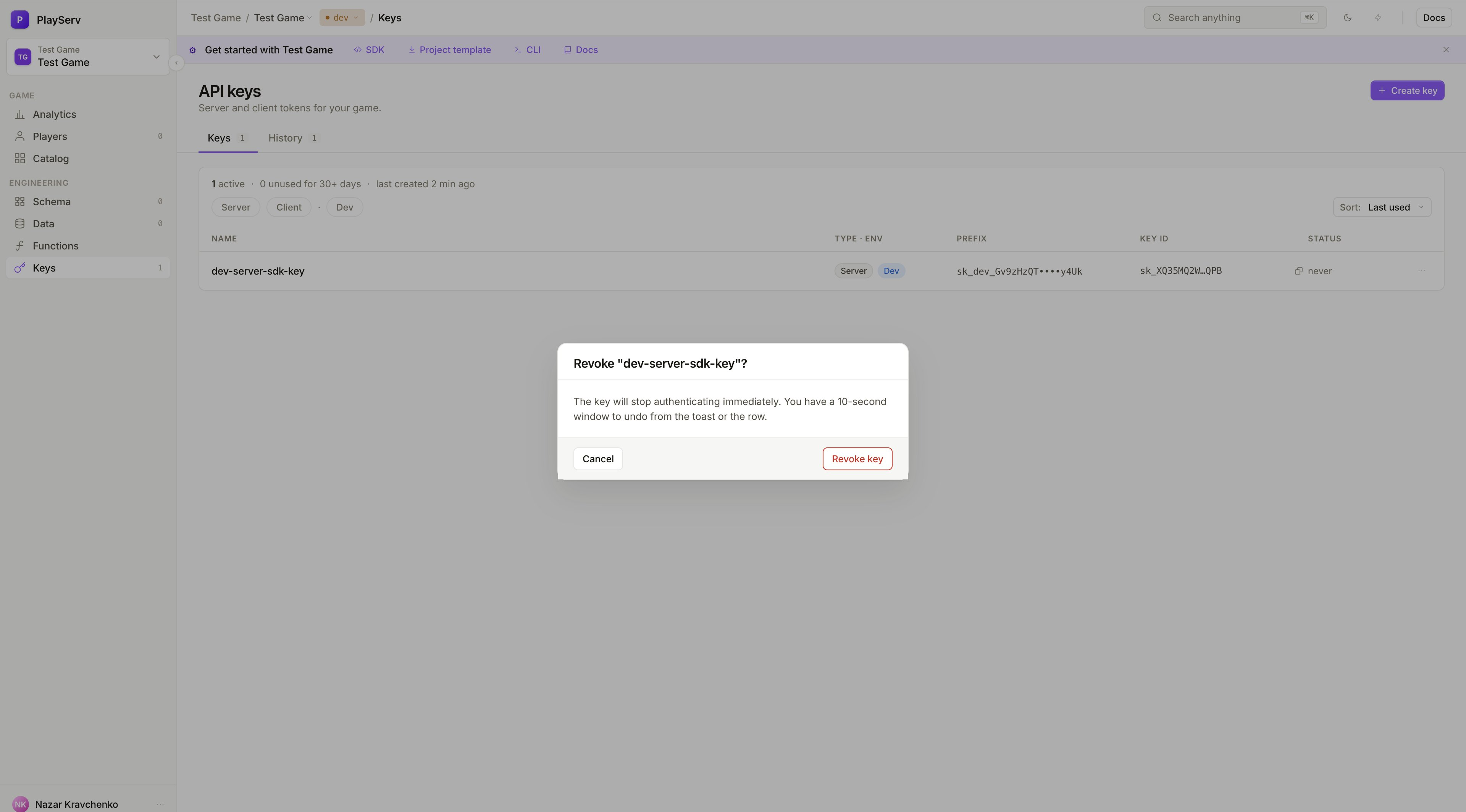 Revoke key confirmation dialog