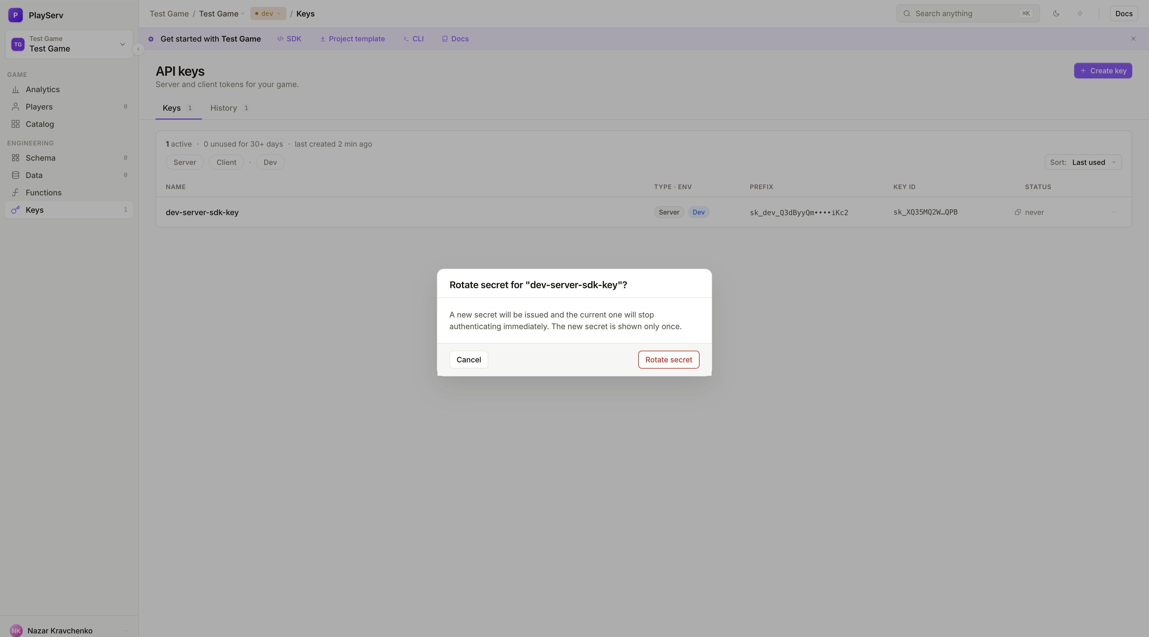 Rotate secret confirmation dialog