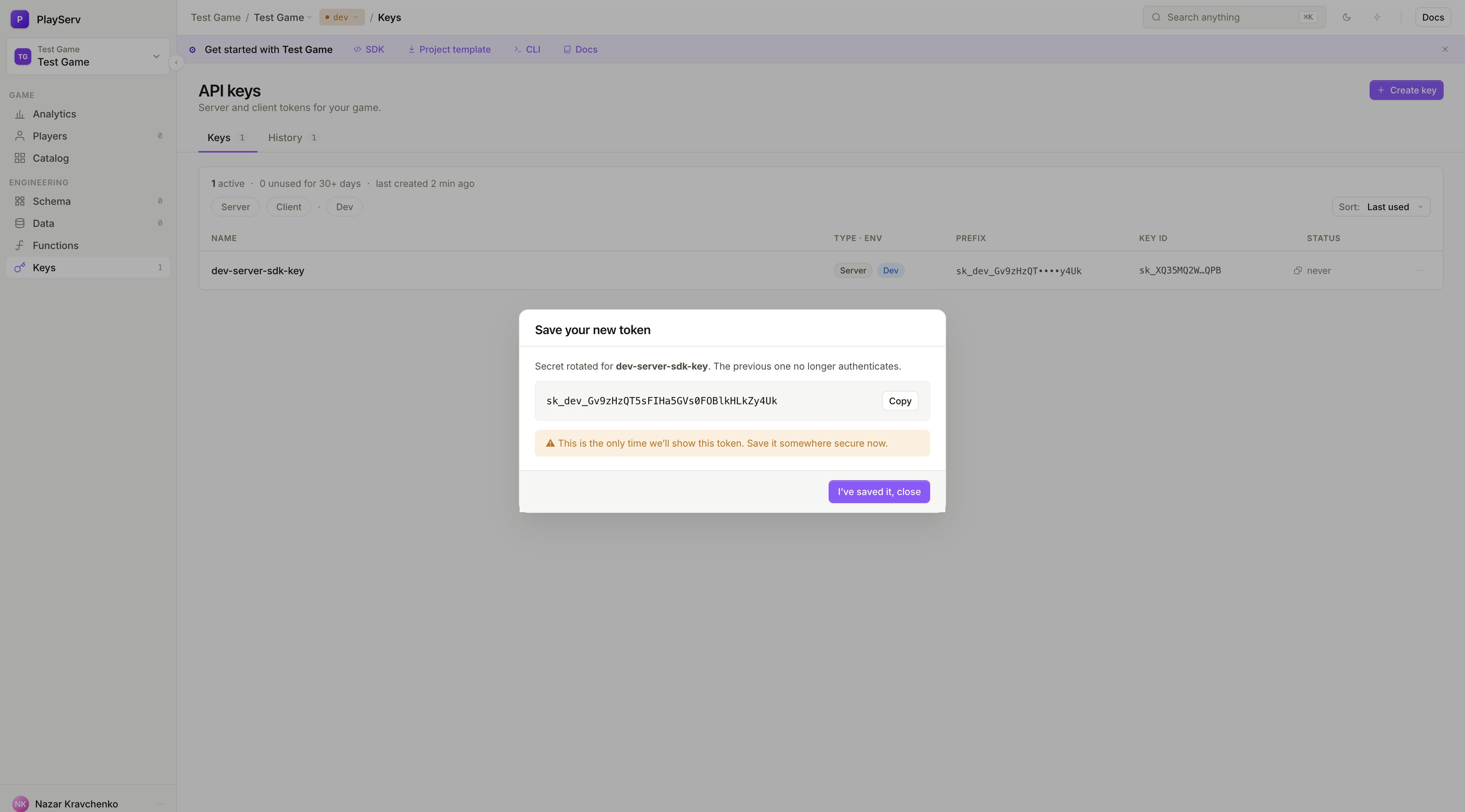 Save your new token dialog after rotation