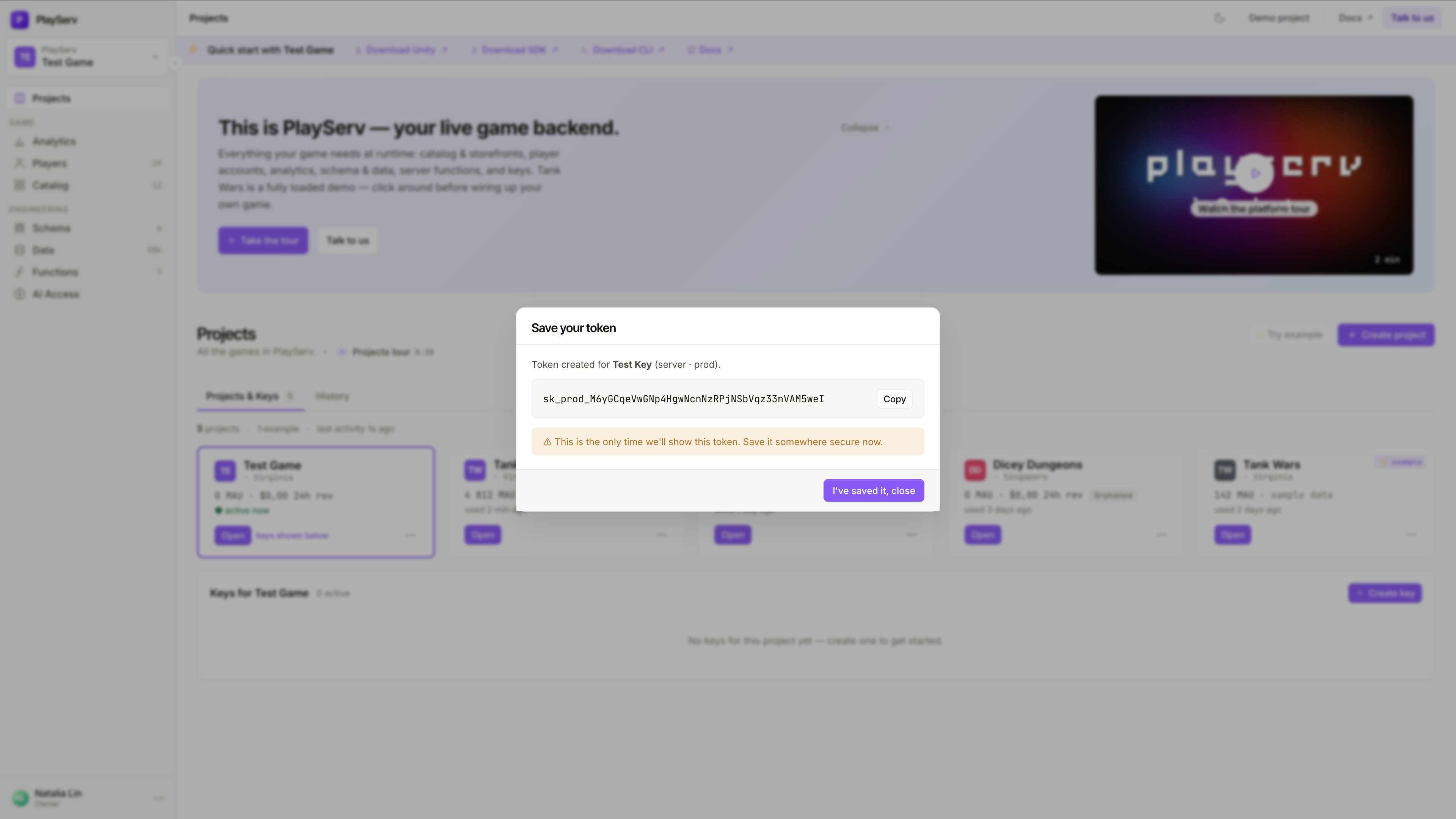 Save your token dialog — the only moment the Public SDK key is shown