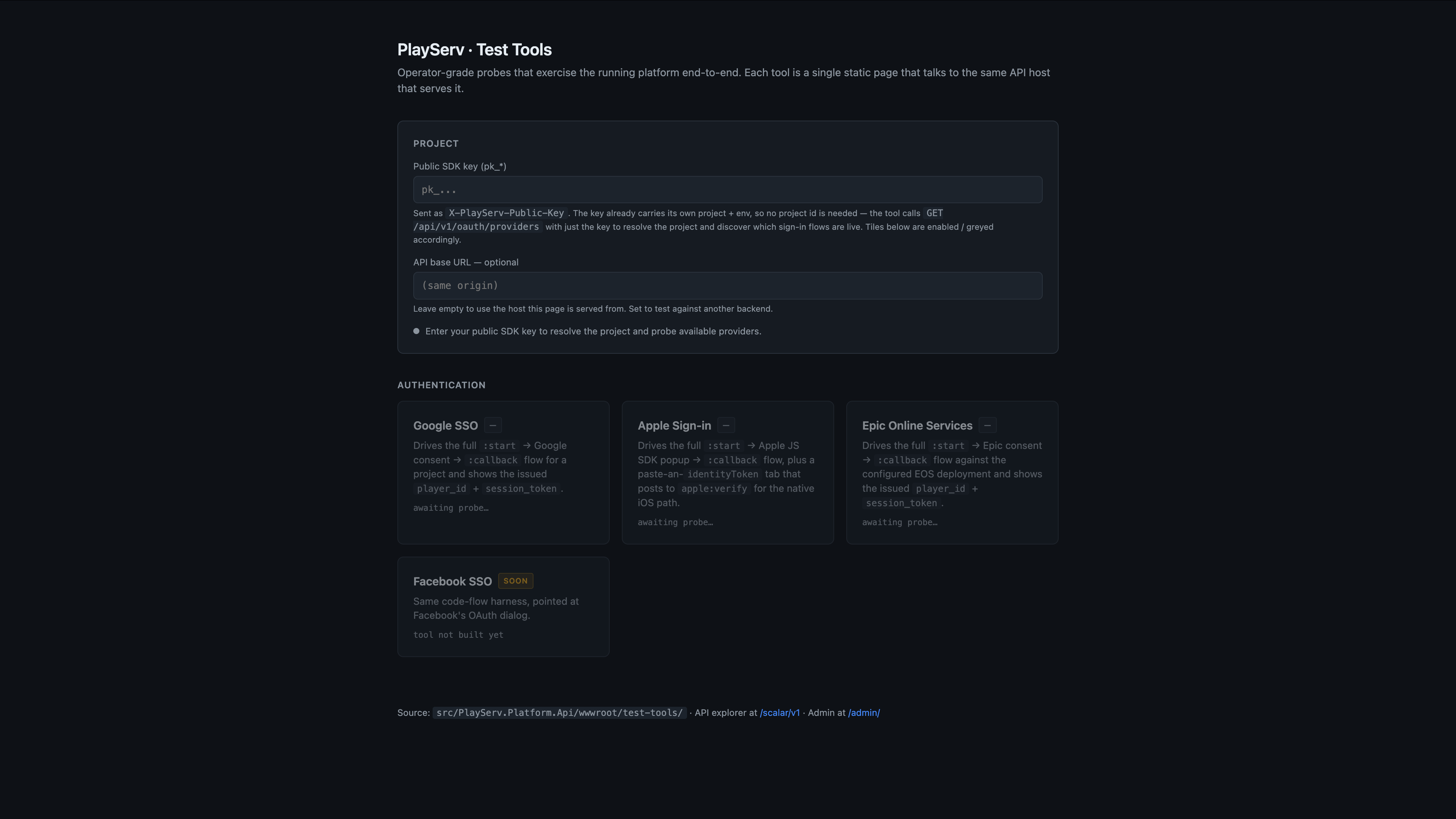 Test Tools page — provider cards awaiting probe