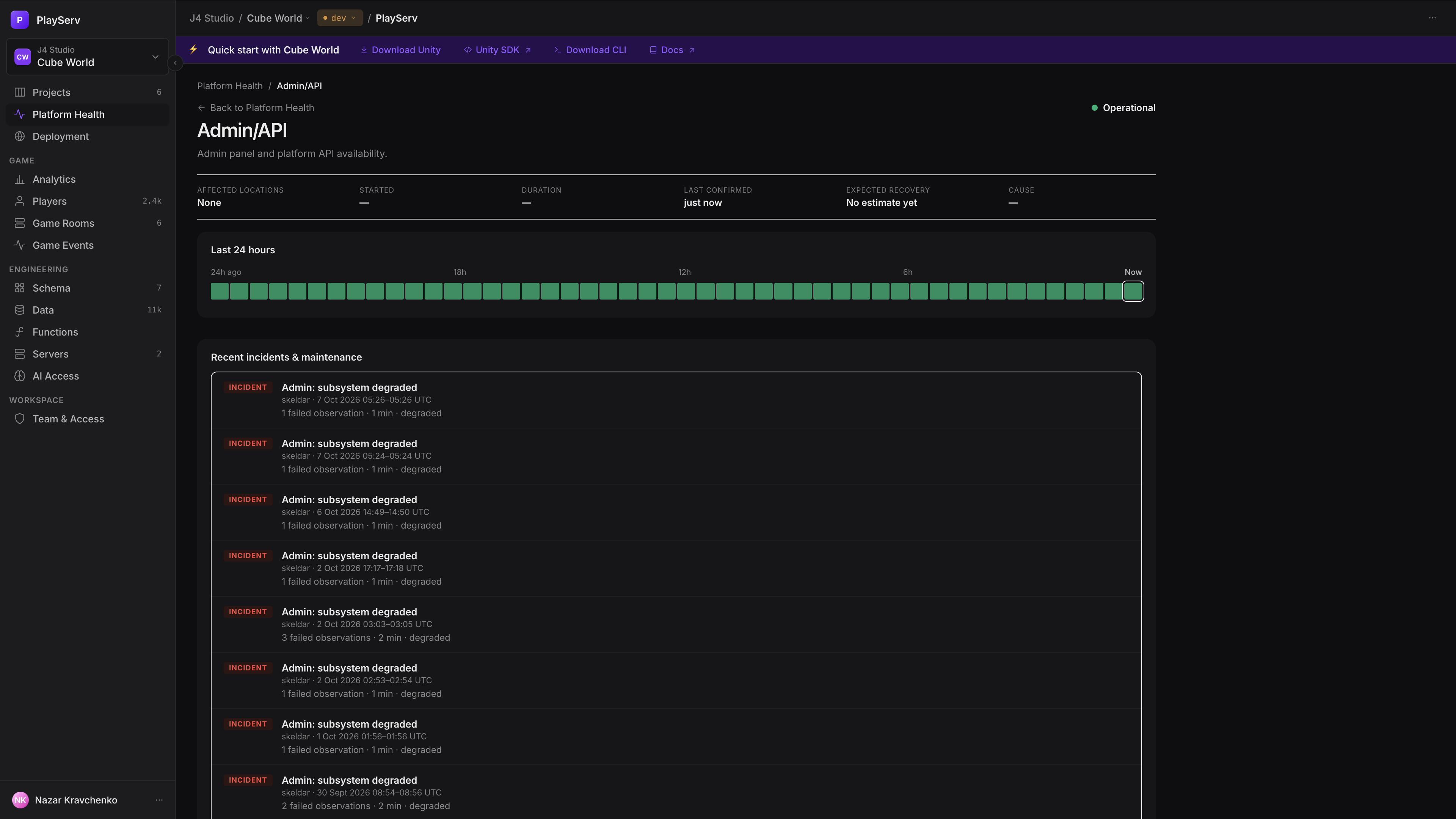 Admin/API system page with its current state, the last 24 hours, and recent incidents