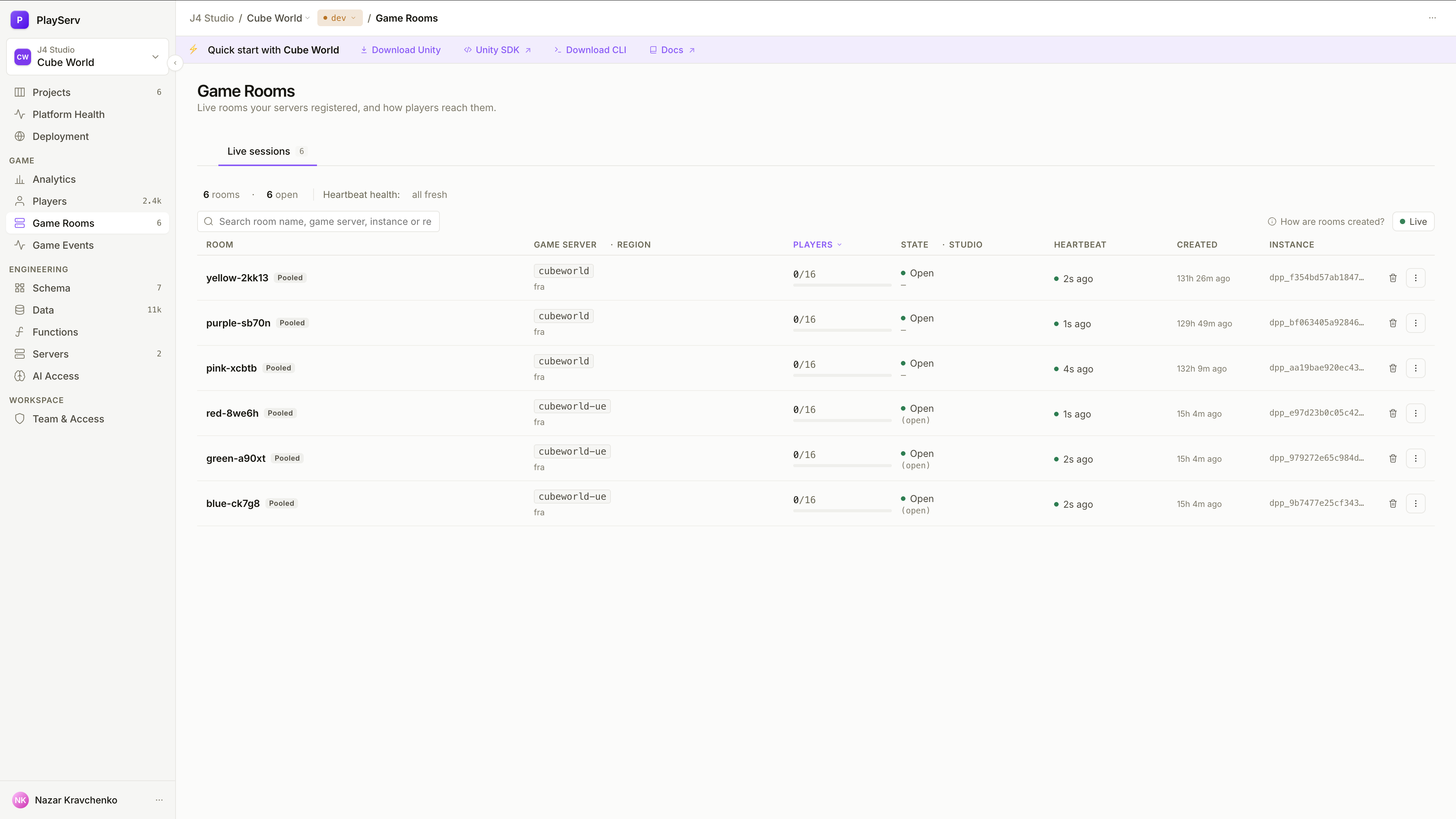 Game Rooms listing six open pooled rooms across two game servers, each with its players, state, heartbeat and instance