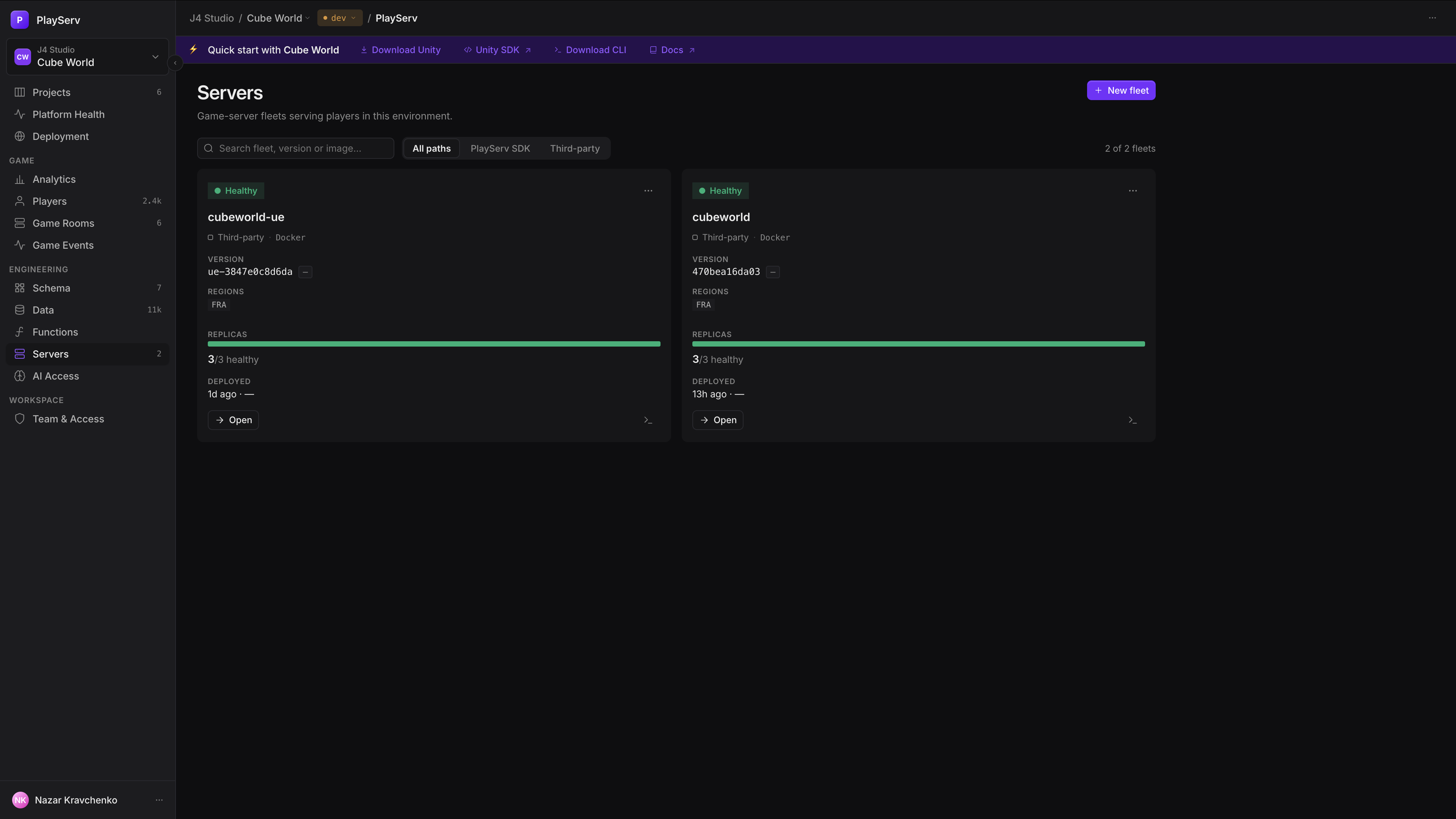 The Servers list with two healthy pooled fleets, each card showing its version, region, replicas and last deploy