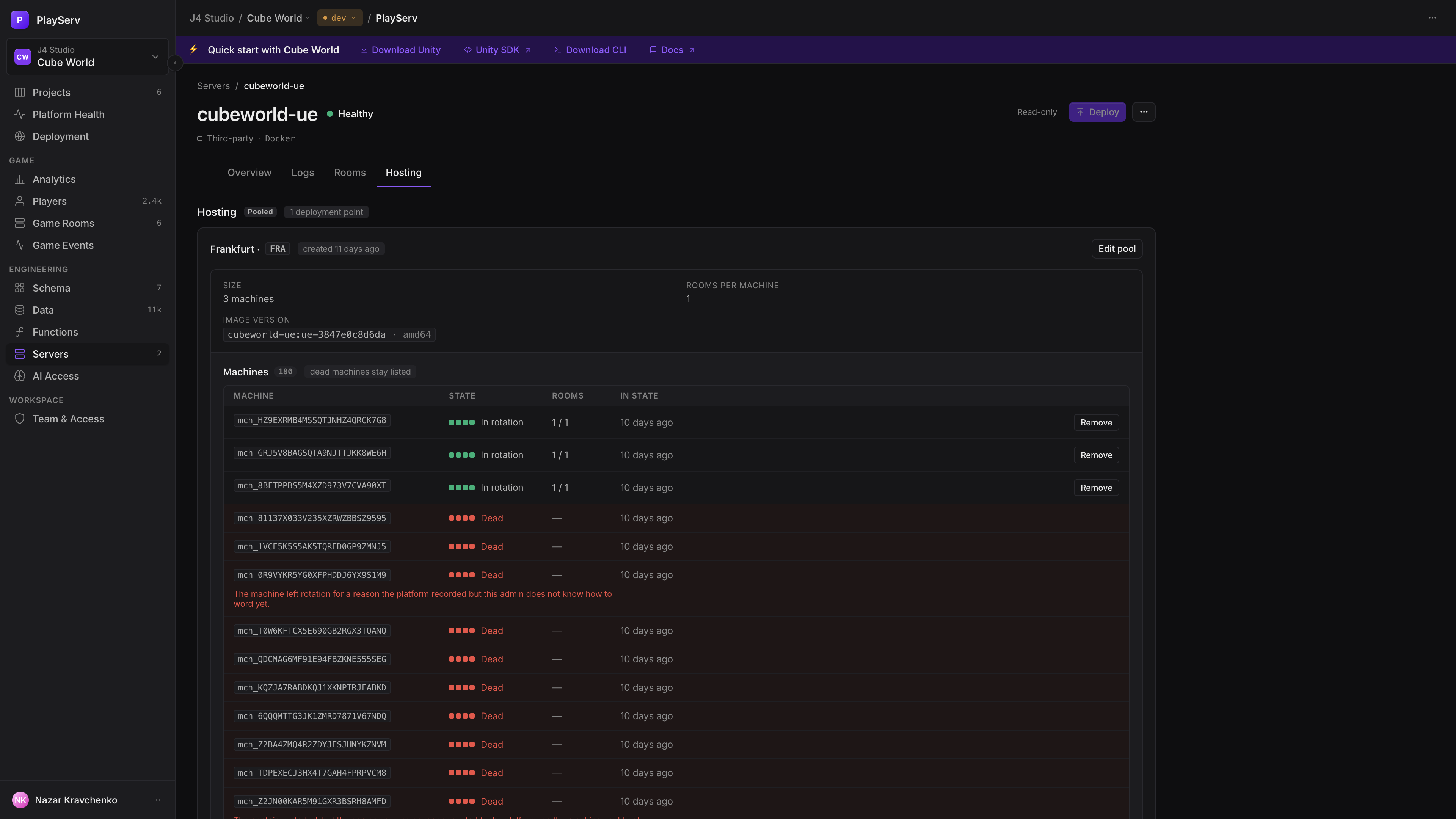 A pooled fleet's Hosting tab with the Frankfurt pool's size, image version and machines