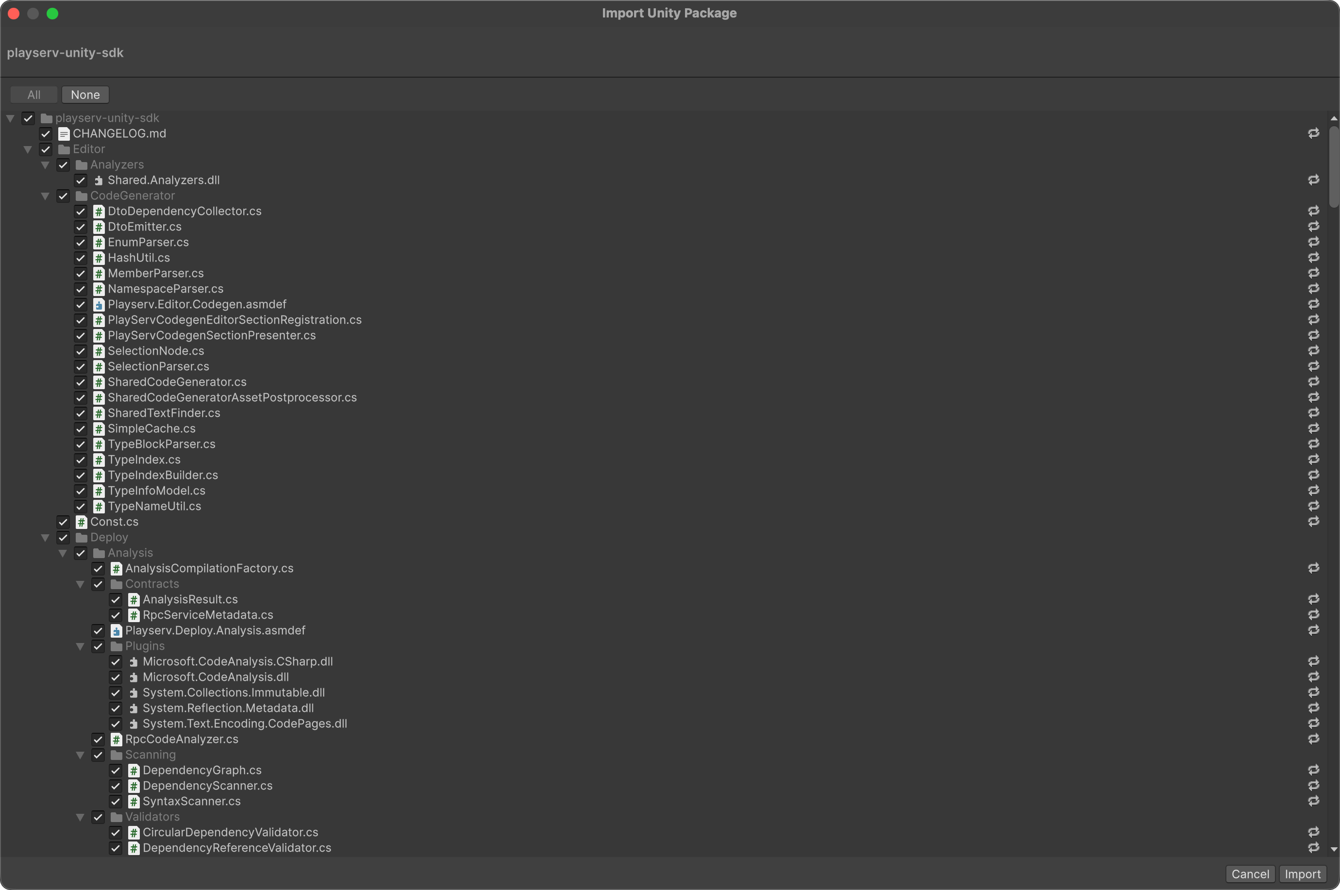 Unity package import dialog with the PlayServ SDK