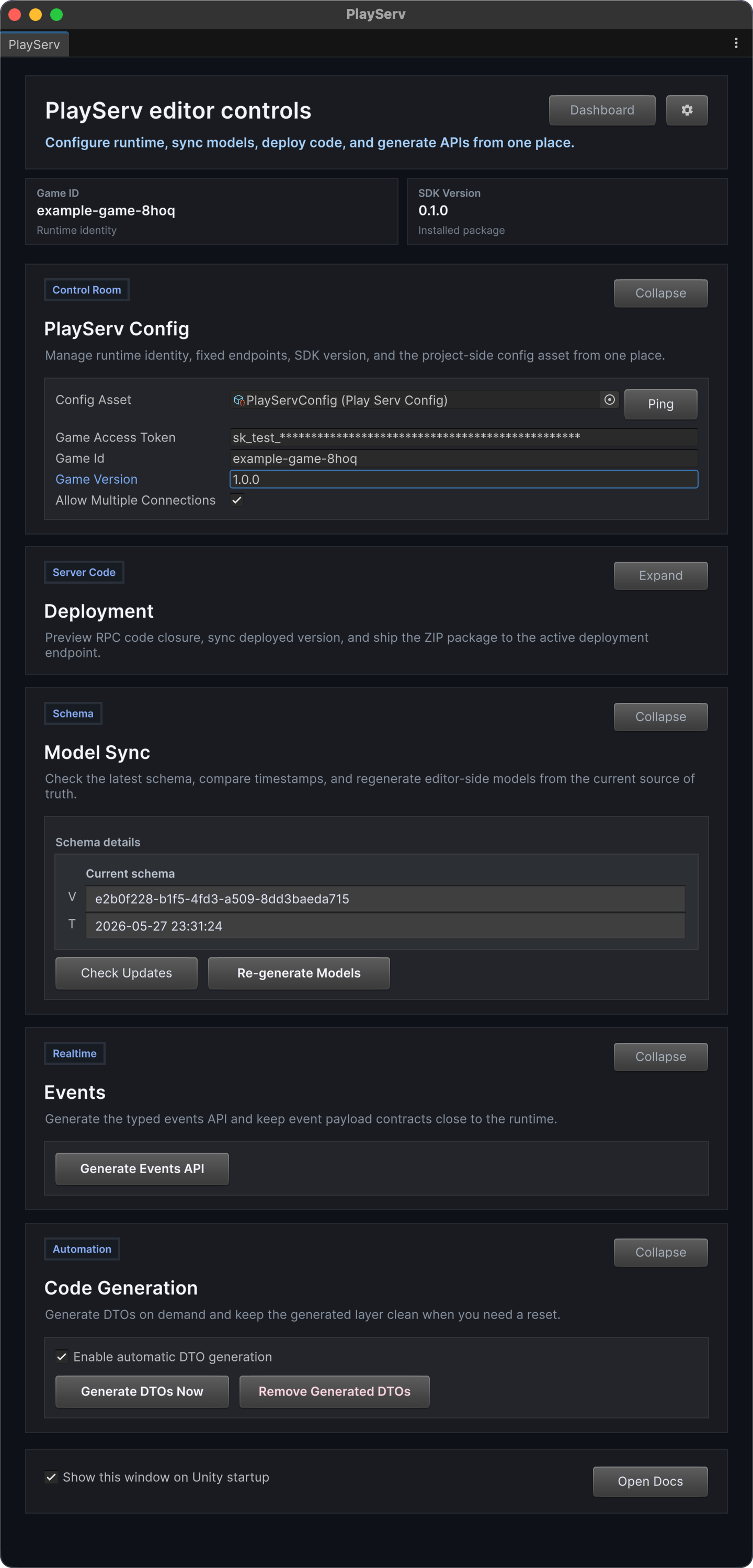 PlayServ editor controls window in Unity