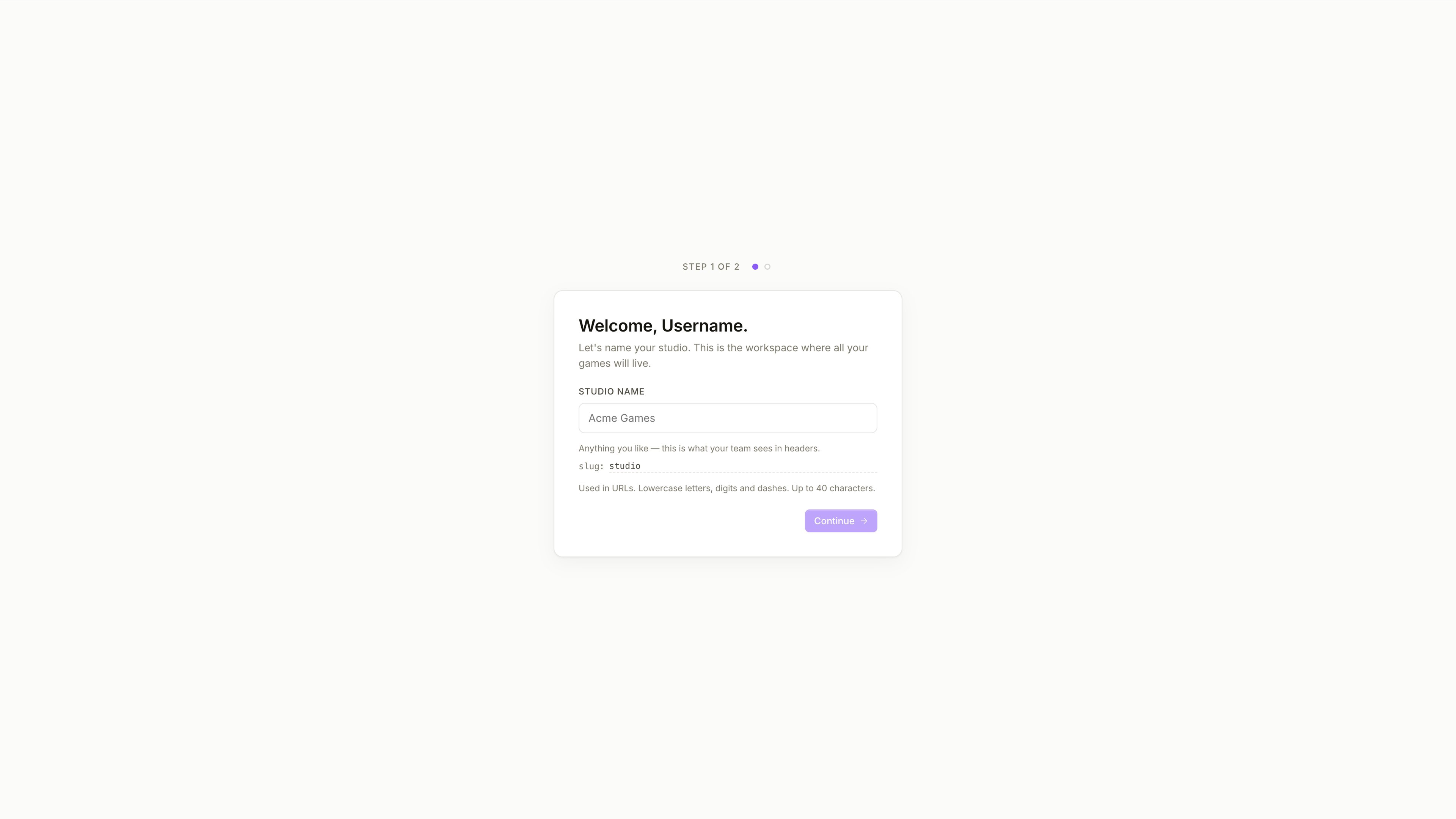 Tela Studio Name — primeira etapa do onboarding