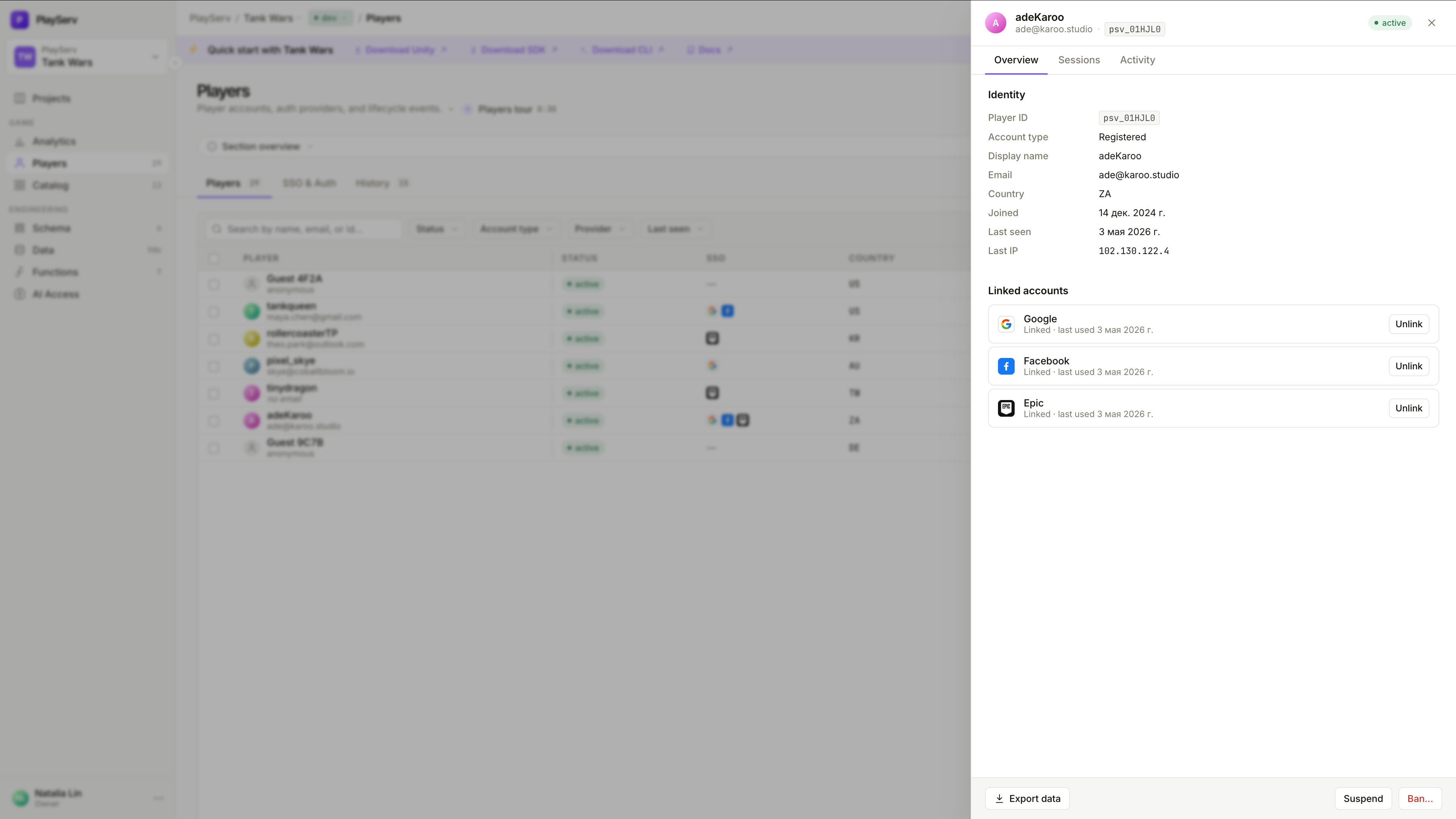 Painel de detalhes do Player — aba Overview com campos de identidade e contas vinculadas
