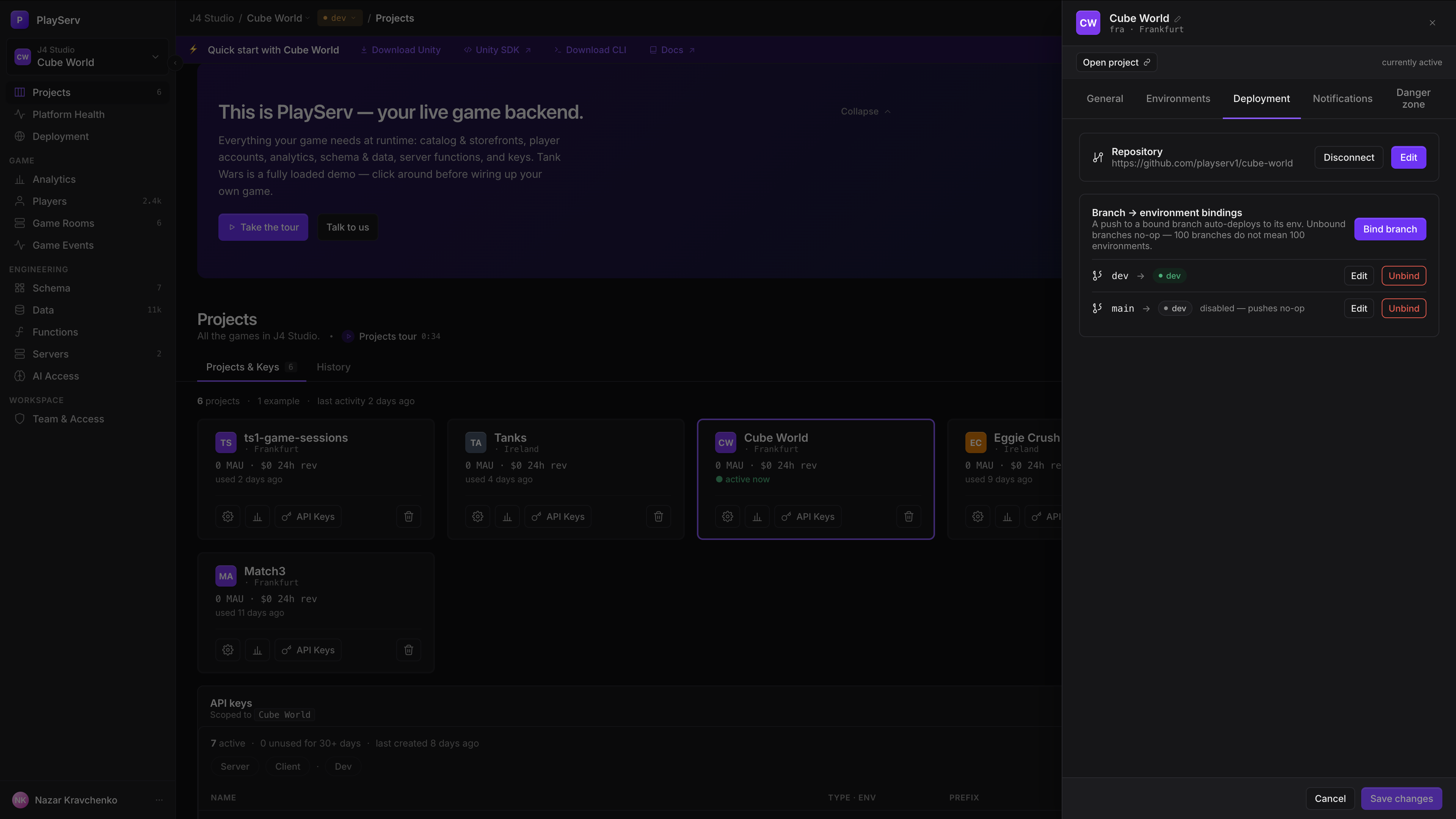 Project settings aberto na aba Deployment, com um repositório do GitHub conectado e dois vínculos de branch, um deles desativado