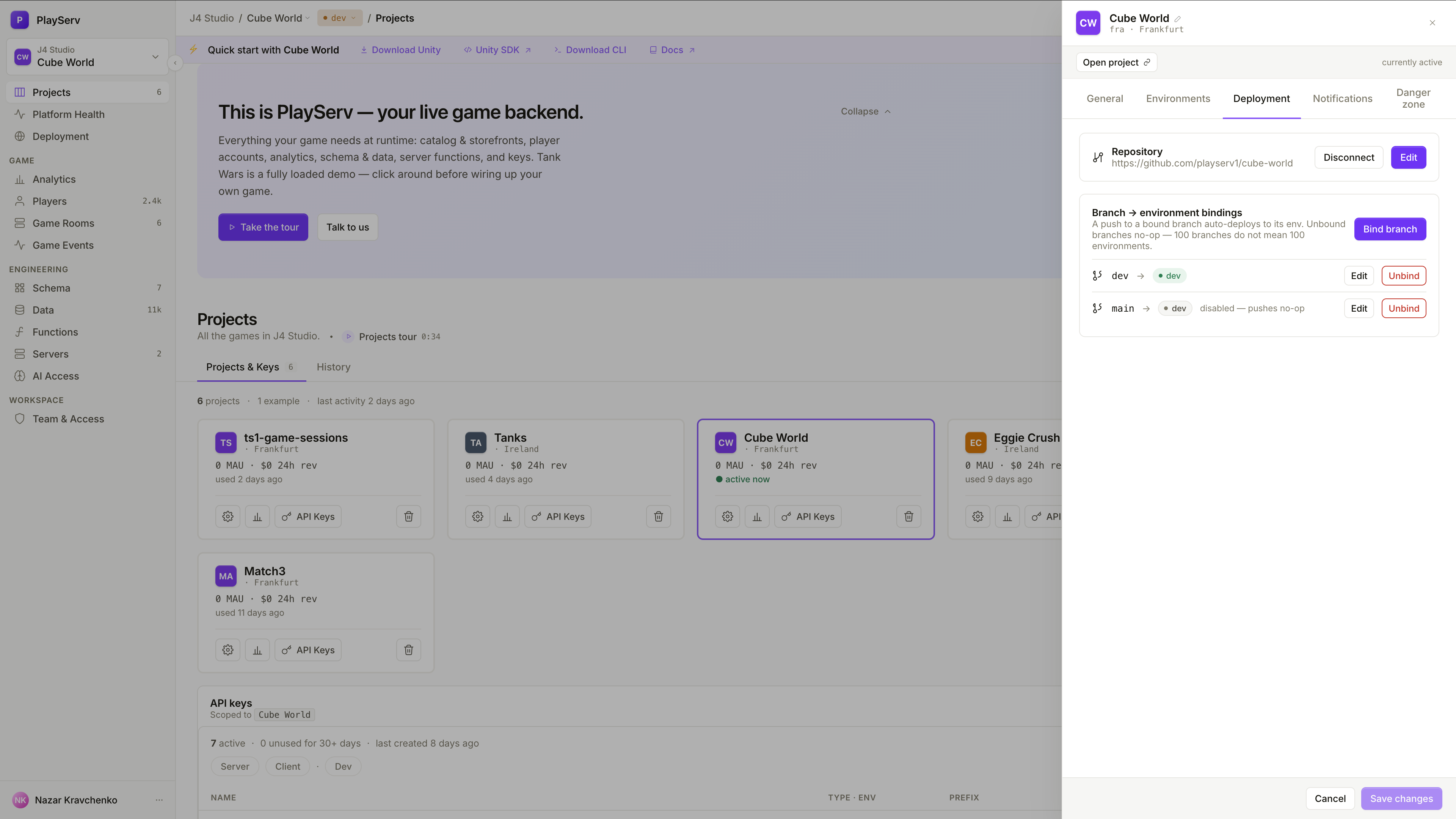 Project settings aberto na aba Deployment, com um repositório do GitHub conectado e dois vínculos de branch, um deles desativado