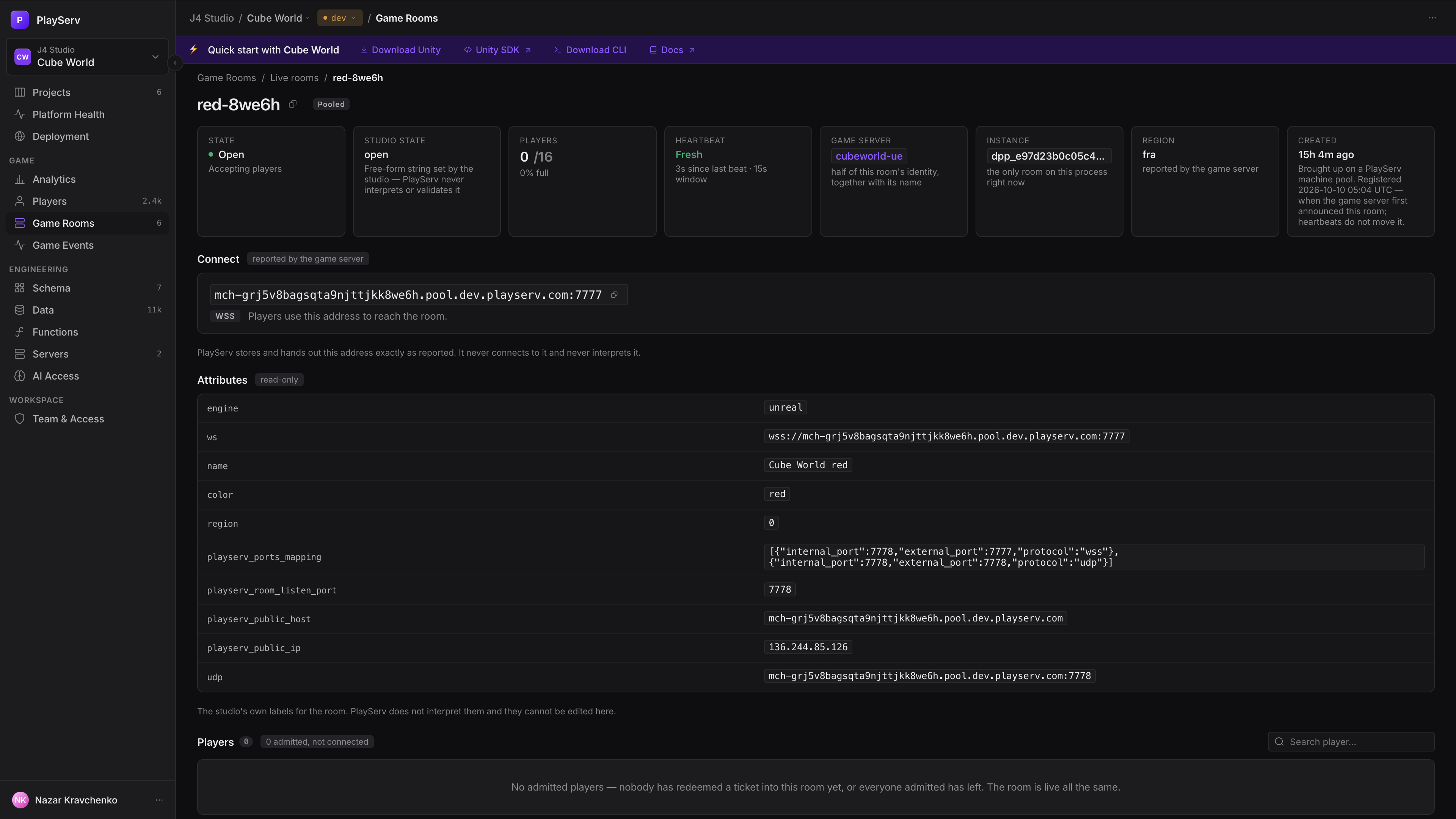 Os detalhes de uma sala: o estado, o heartbeat e a instância, o endereço de conexão usado pelos jogadores, os atributos reportados pelo servidor e um roster vazio